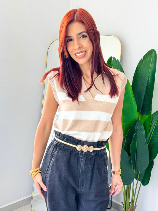 “Samirah” Taupe Stripe Top