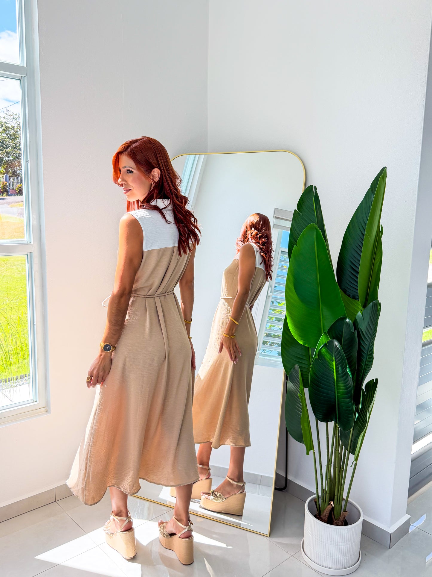 “Selena” Taupe/White Dress