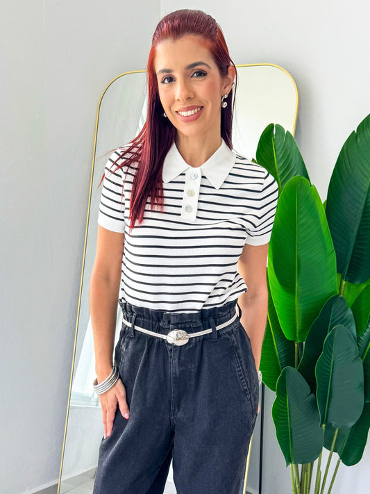 “Diana” Black & White Stripe Polo