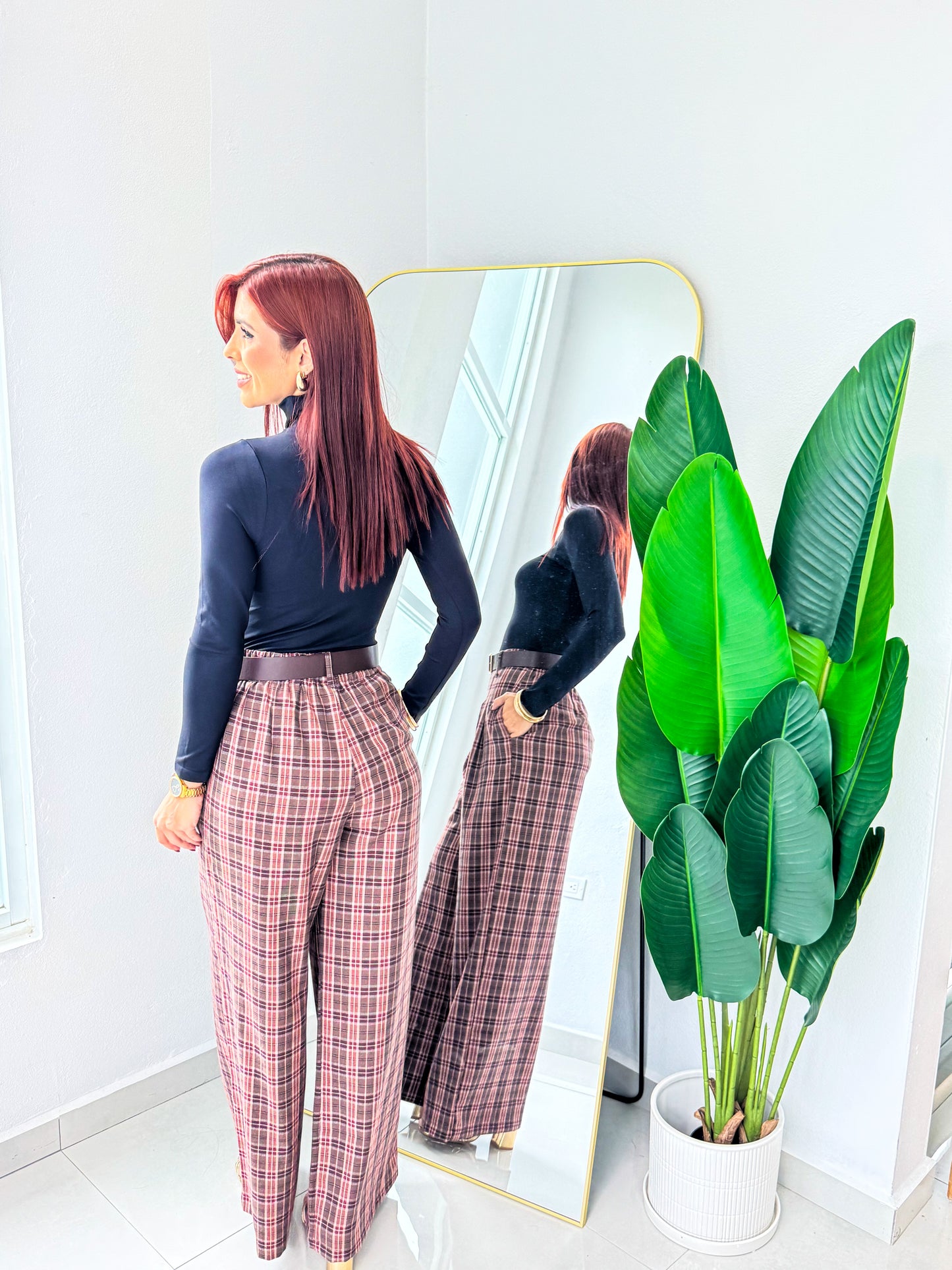 “Coralys” Glen Check Belted Pant