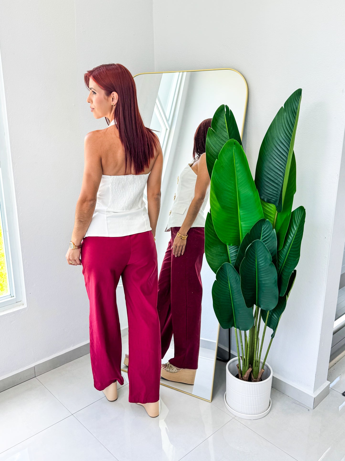 “Arlene” Wine Belted Pant