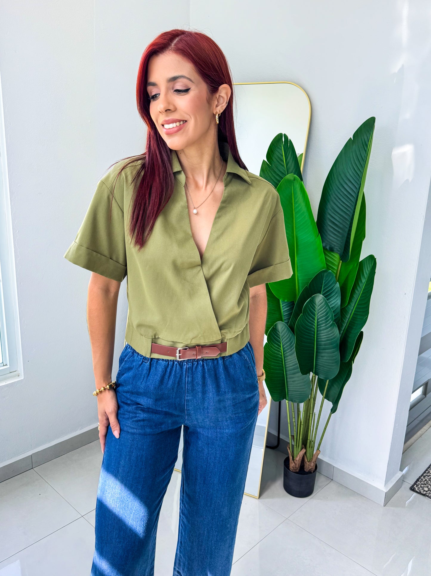 “Milena” Olive Belted Top