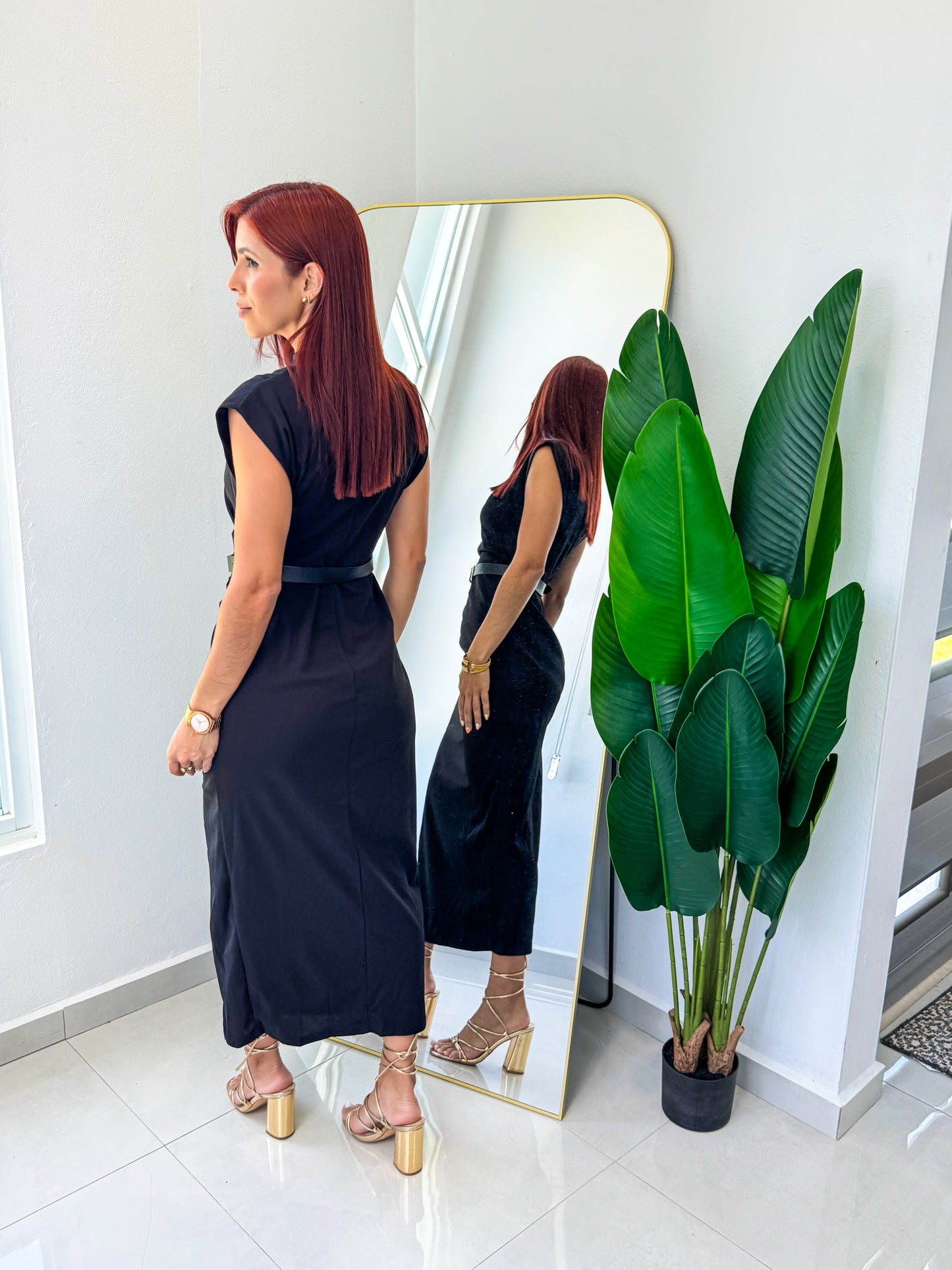 “Nancy” Black Midi Belted Dress