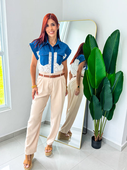 “Mia” Beige Belted Pant