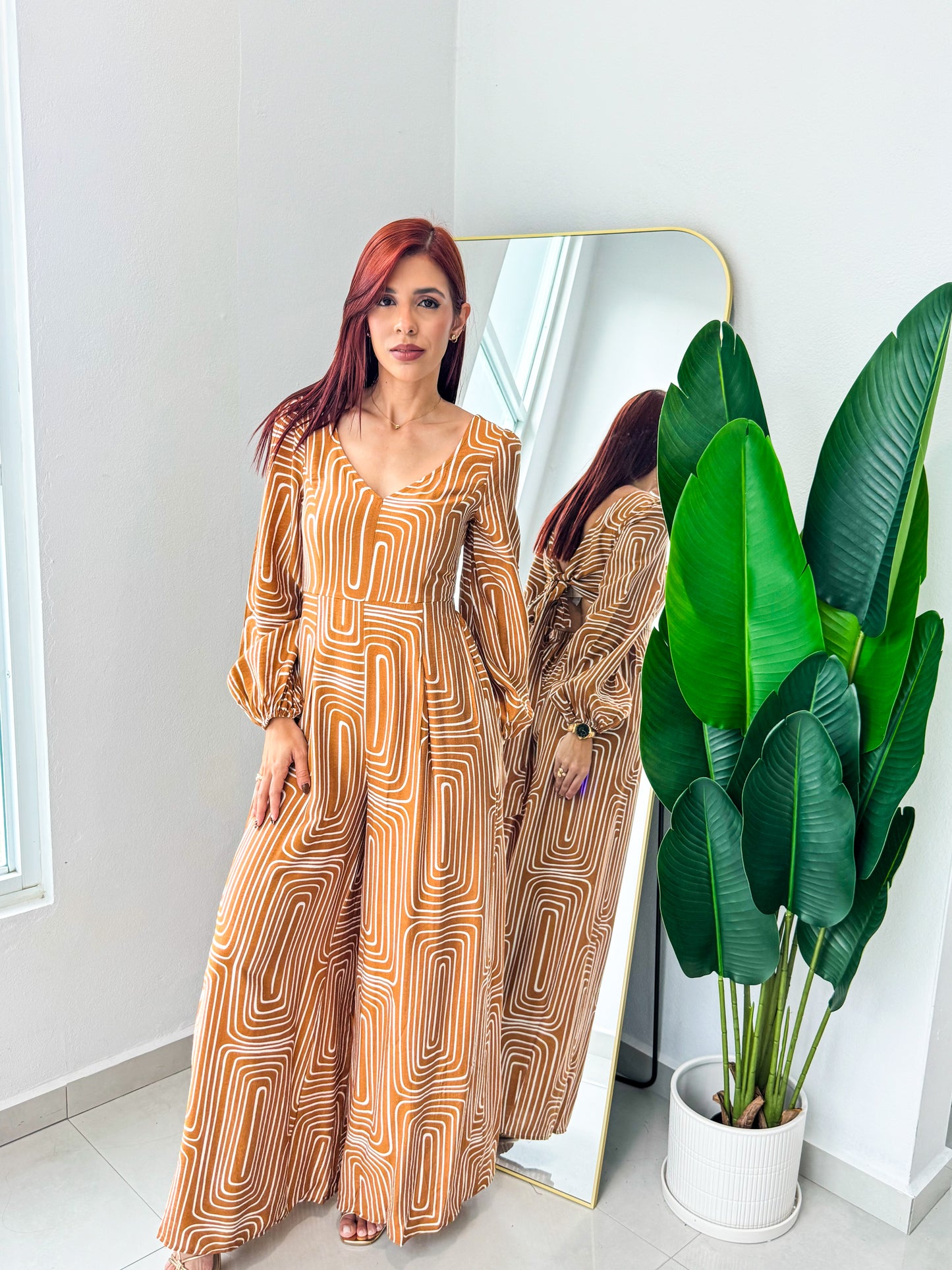 “Alana” Caramel Printed Jumpsuit
