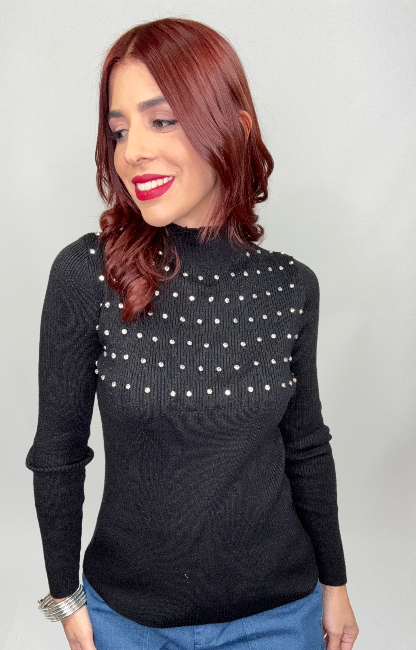 “Sabrina” Black Beaded Sweater