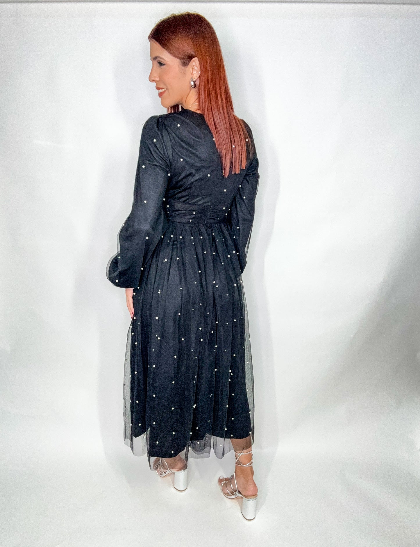 “Evelyn” Black w/ Pearls Midi Dress