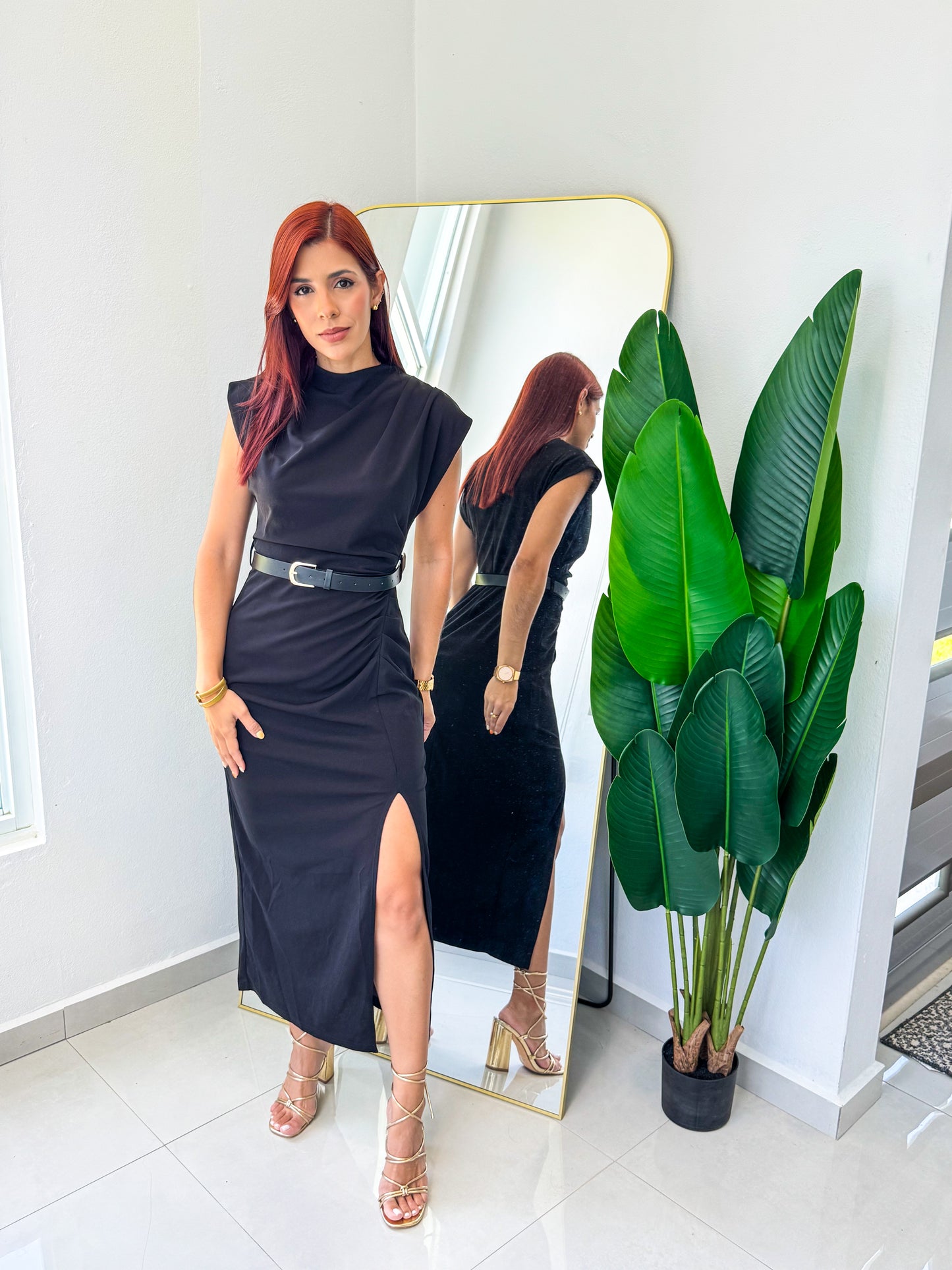 “Nancy” Black Midi Belted Dress