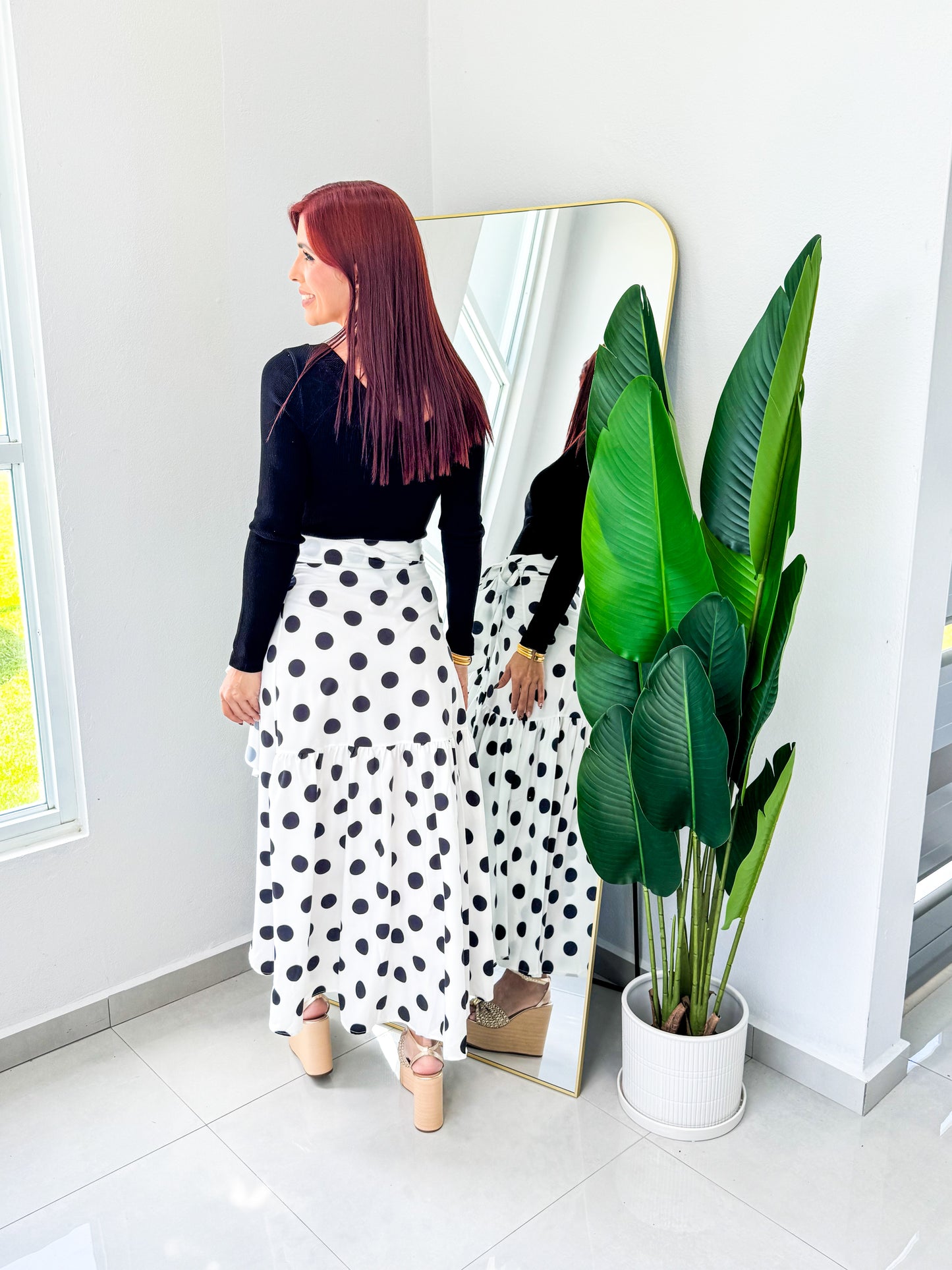 “Denisse” White Polka Dots Wrap Around Skirt