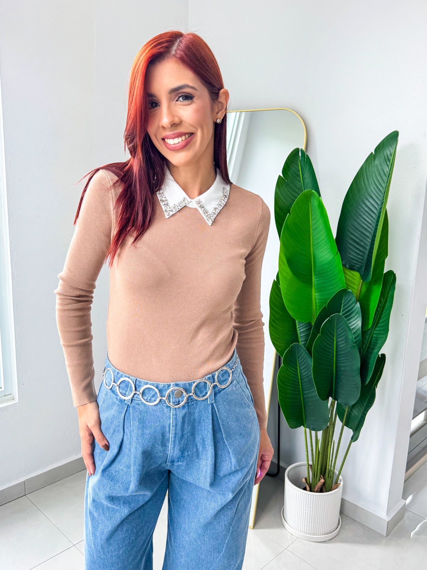 “Eneida” Mocha Collared Long Sleeve Top