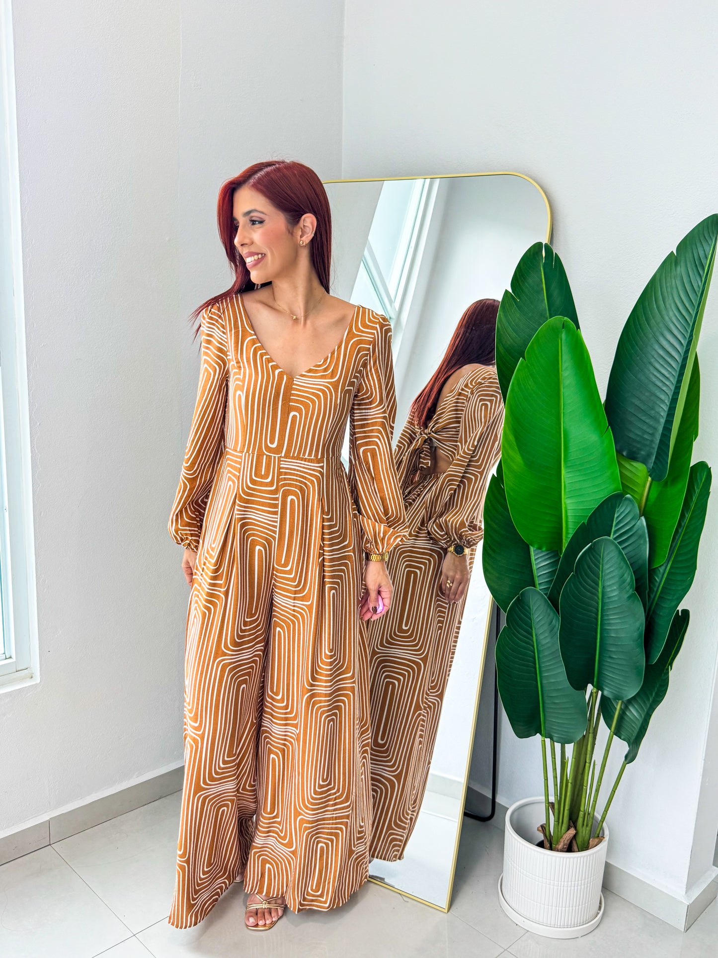 “Alana” Caramel Printed Jumpsuit