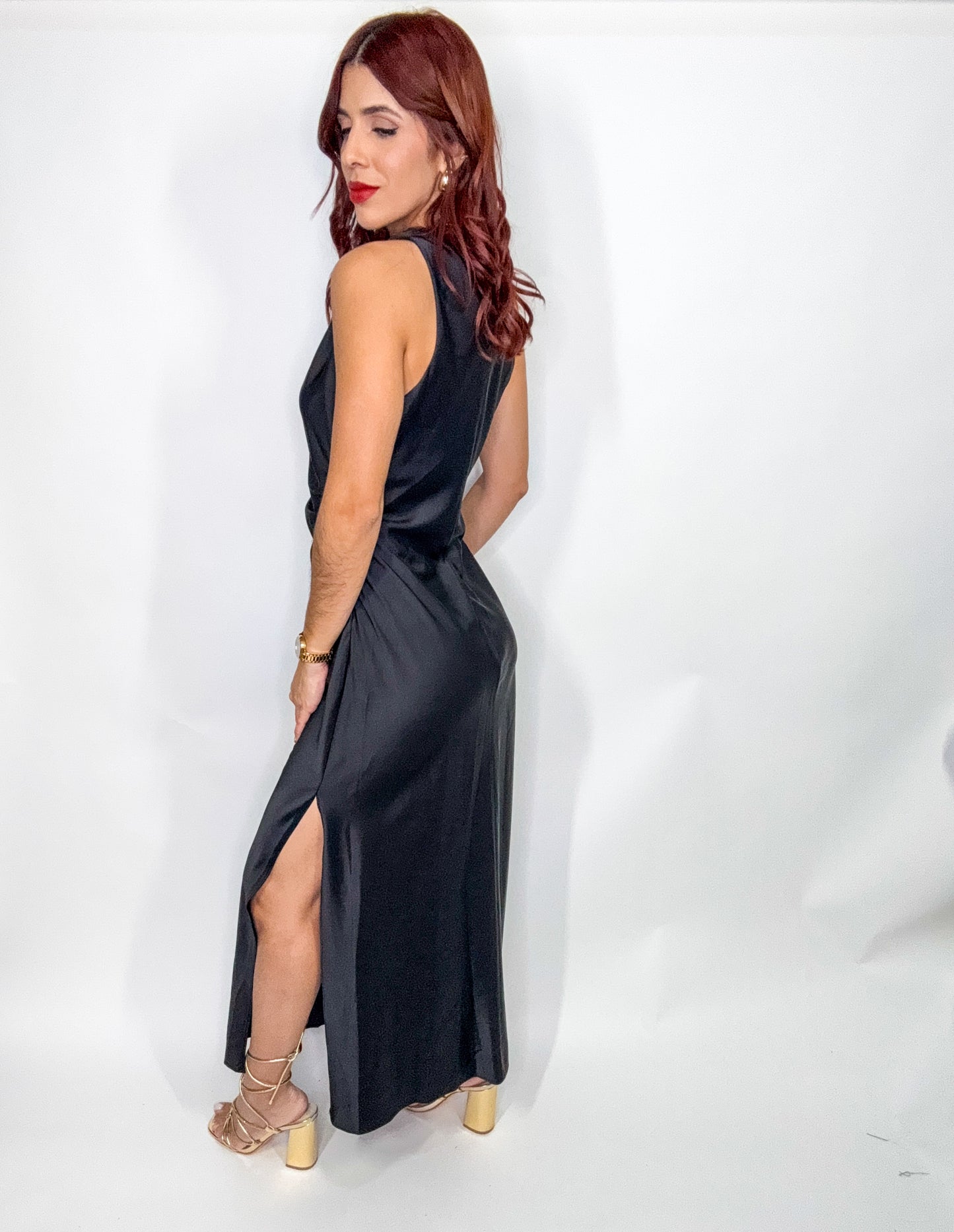 “Carla” Black Satin Maxi Dress