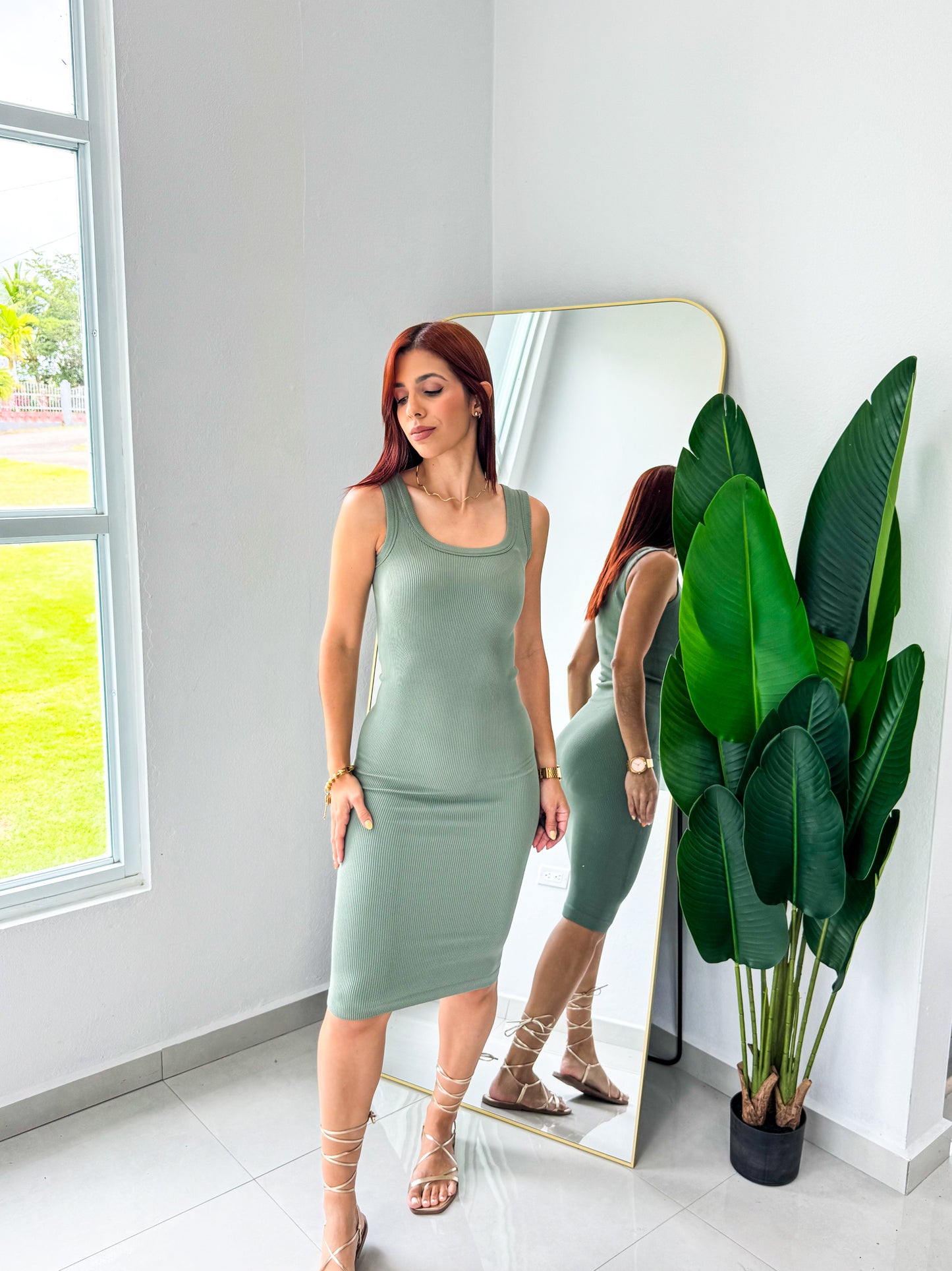 “Paulina” Sage Basic Midi Dress
