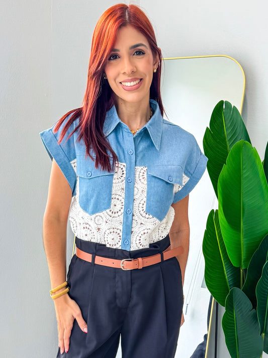 “Claribel” Light Denim Crochet Top