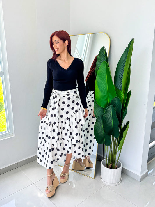 “Denisse” White Polka Dots Wrap Around Skirt