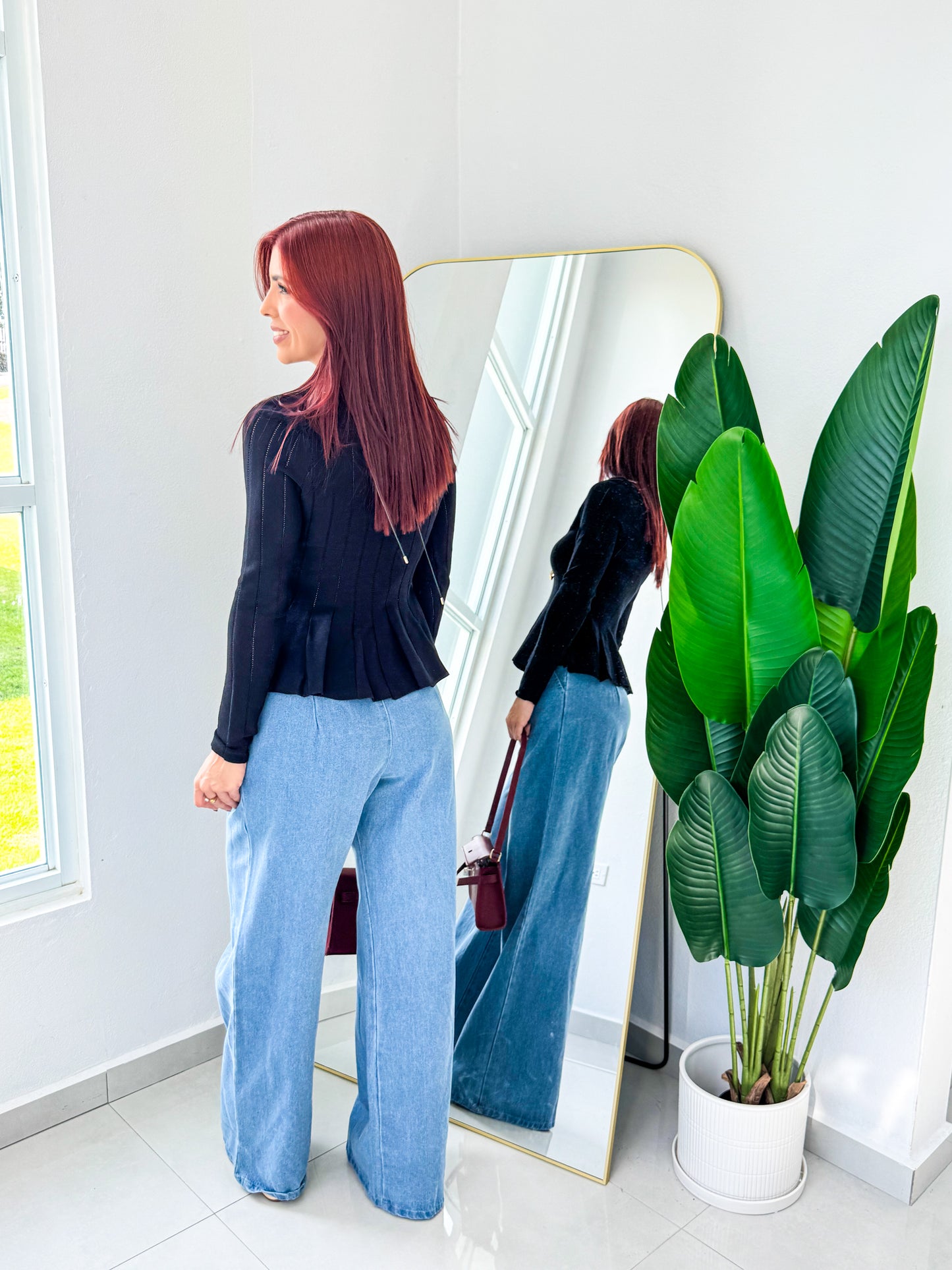 “Astrid” Black Peplum Long Sleeve Top