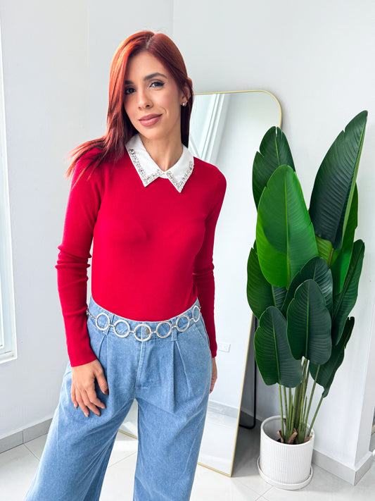 “Eneida” Red Collared Long Sleeve Top