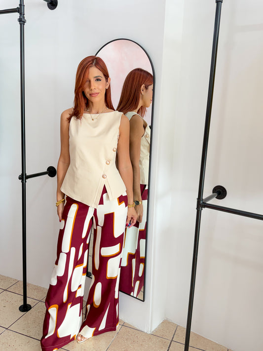 “Arlene” Wine Print & Belted Pant