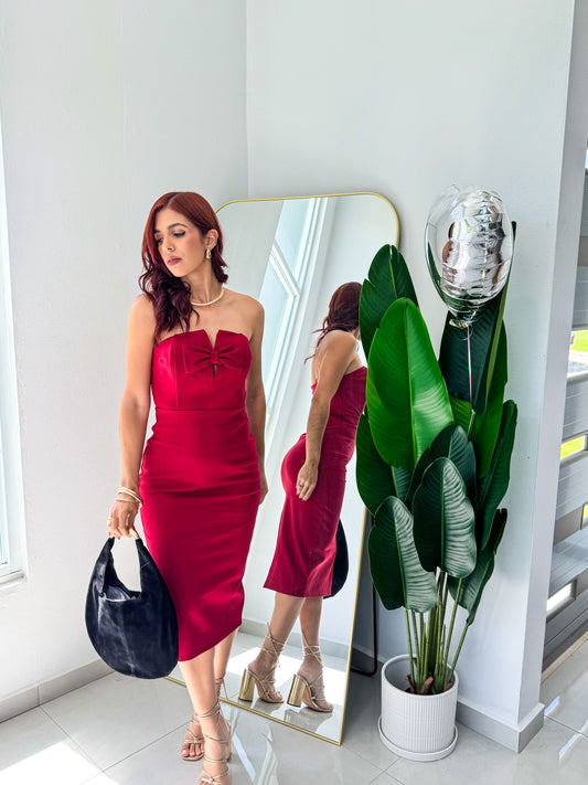 “Tatiana” Wine Strapless Midi Dress
