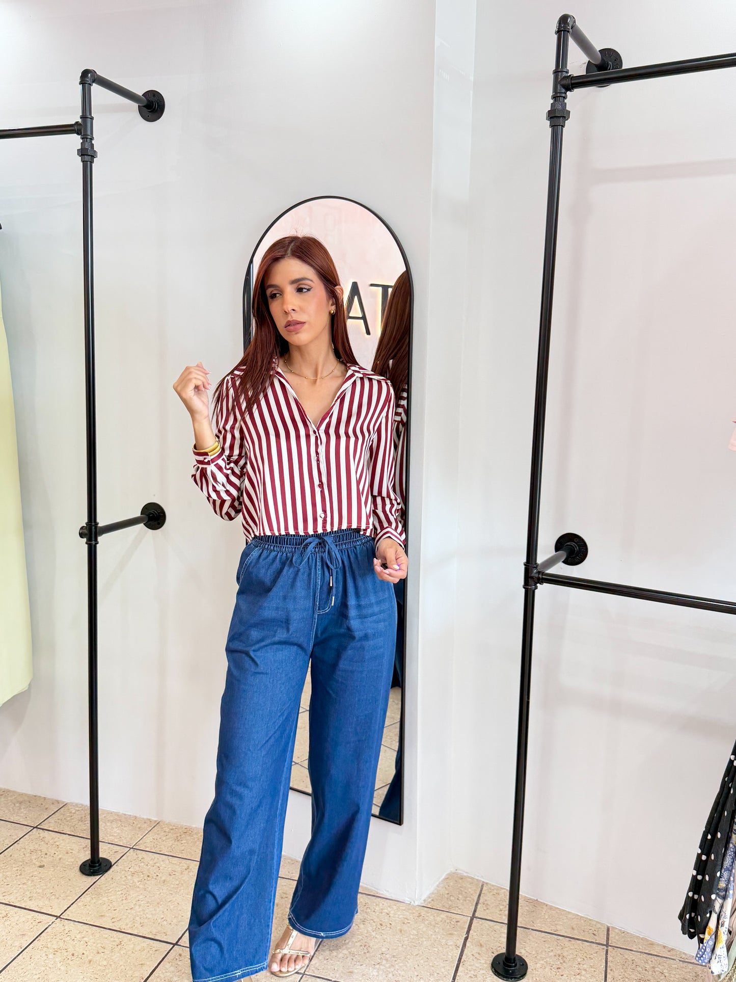 “Karen” Wine Stripe Button Down Top