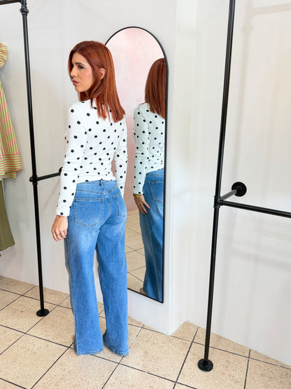 “Camila” Long Sleeve White Polka Dots Top