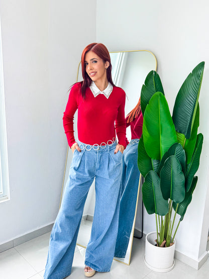 “Eneida” Red Collared Long Sleeve Top