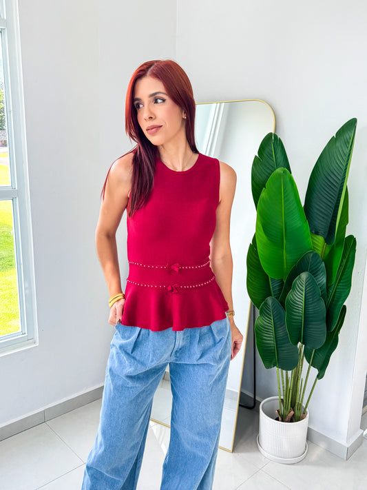 “Carla” Burgundy Peplum Top