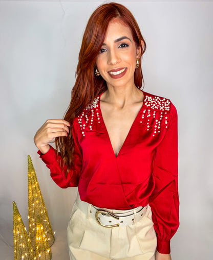 "Sandra" Red Pearls Top