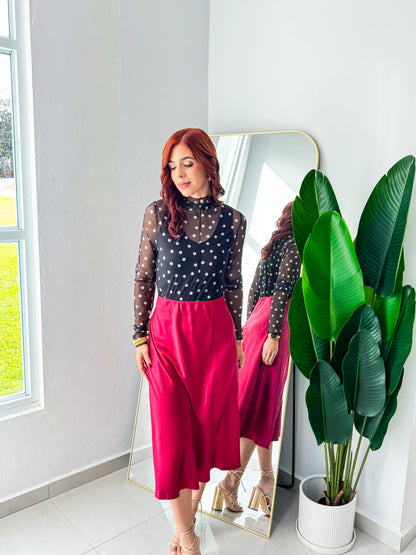 “Ingrid” Wine Midi Satin Skirt
