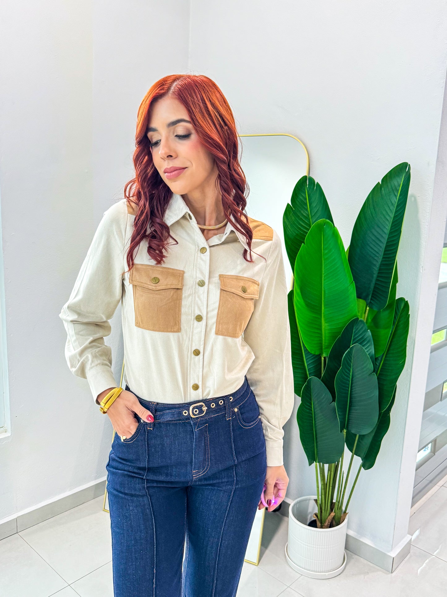 “Sofia” Beige Suede Top