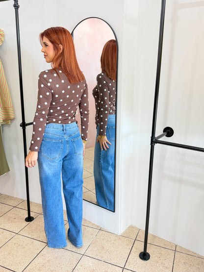 “Camila” Long Sleeve Brown Polka Dots Top