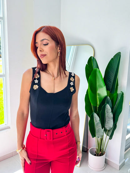 “Edna” Black Embellished Peplum Top