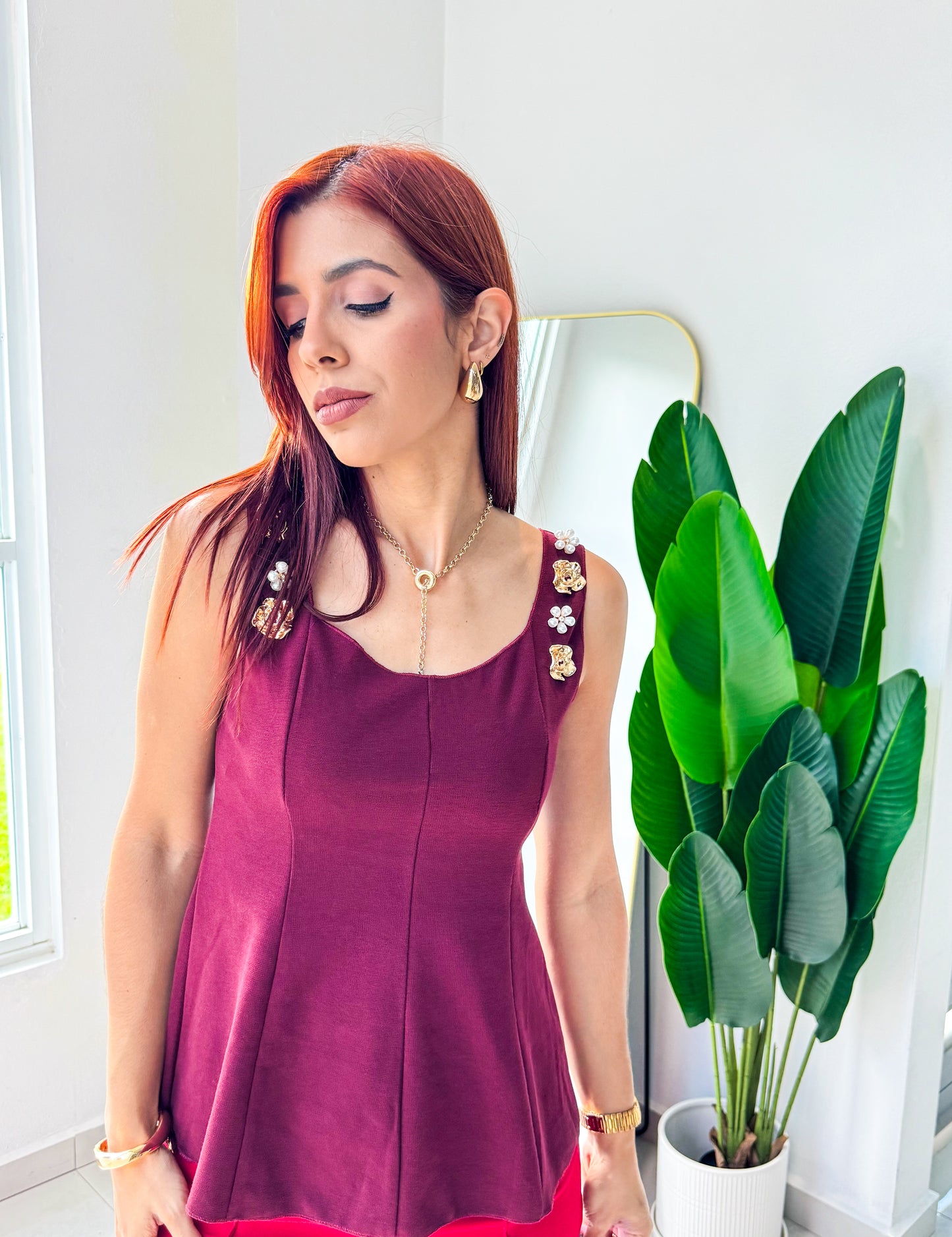“Edna” Wine Embellished Peplum Top