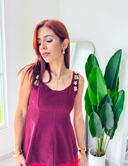 “Edna” Wine Embellished Peplum Top