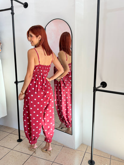 “Elisa” Wine Polka Dots Boho Jumpsuit