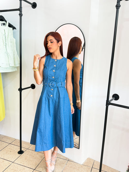 Denim Belted Midi Dress