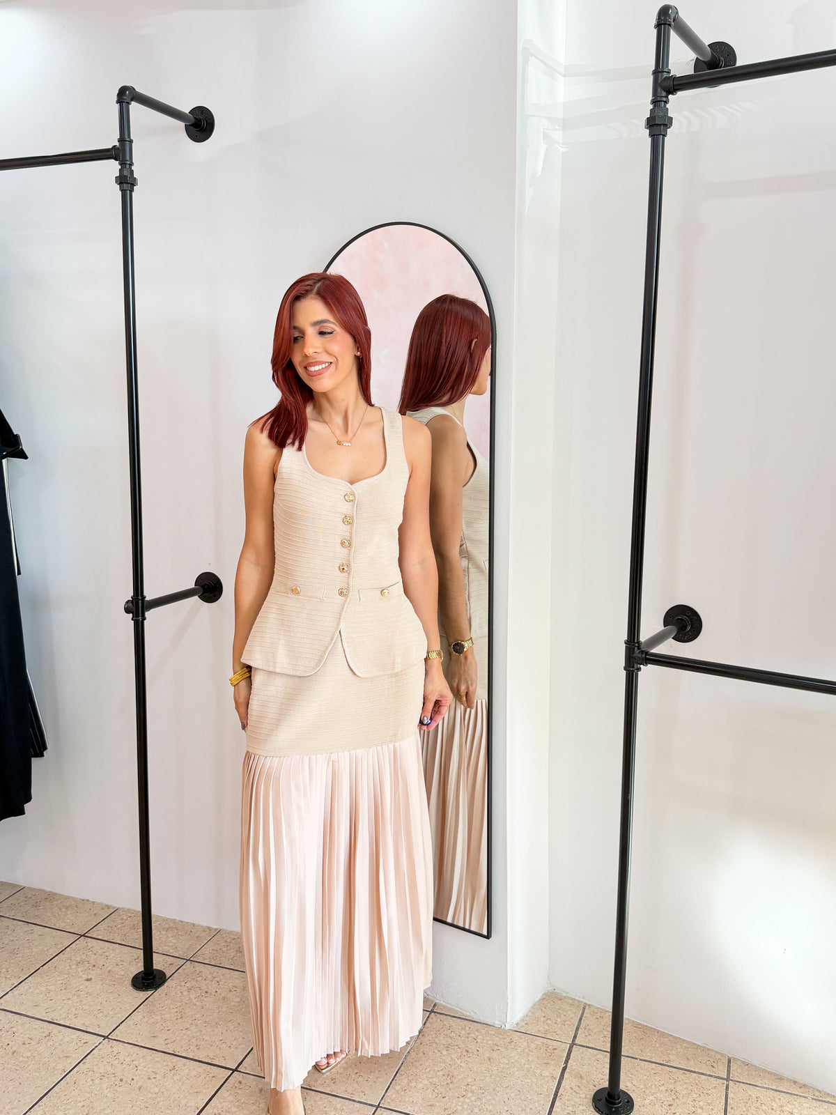 “Melanie” Natural Pleated Skirt Set
