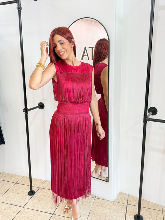 “Zoelys” Wine Fringe Midi Dress