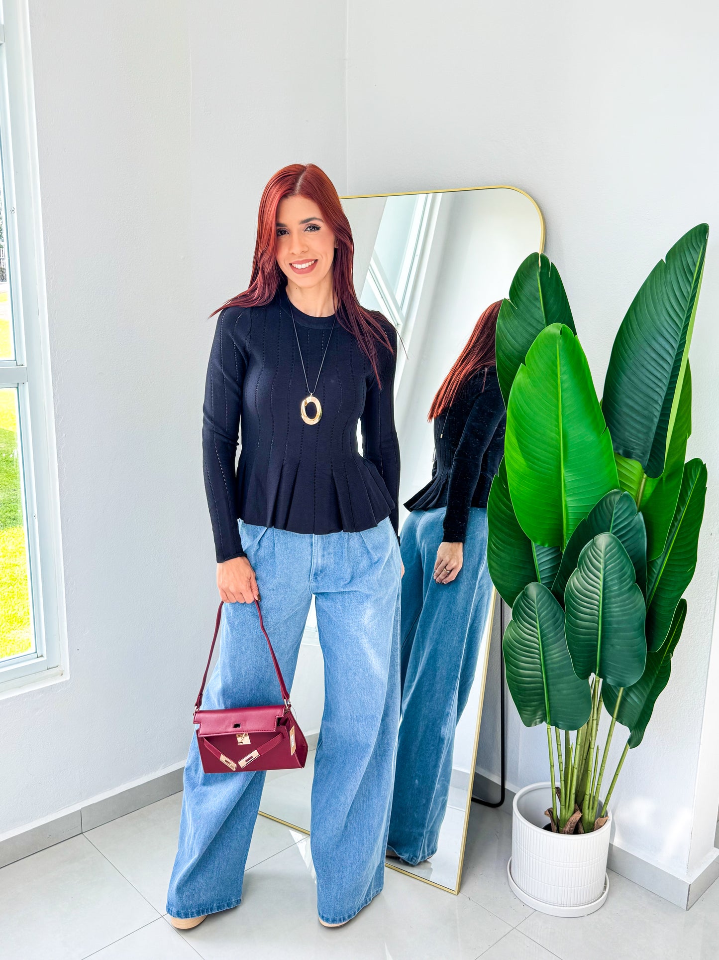 “Astrid” Black Peplum Long Sleeve Top