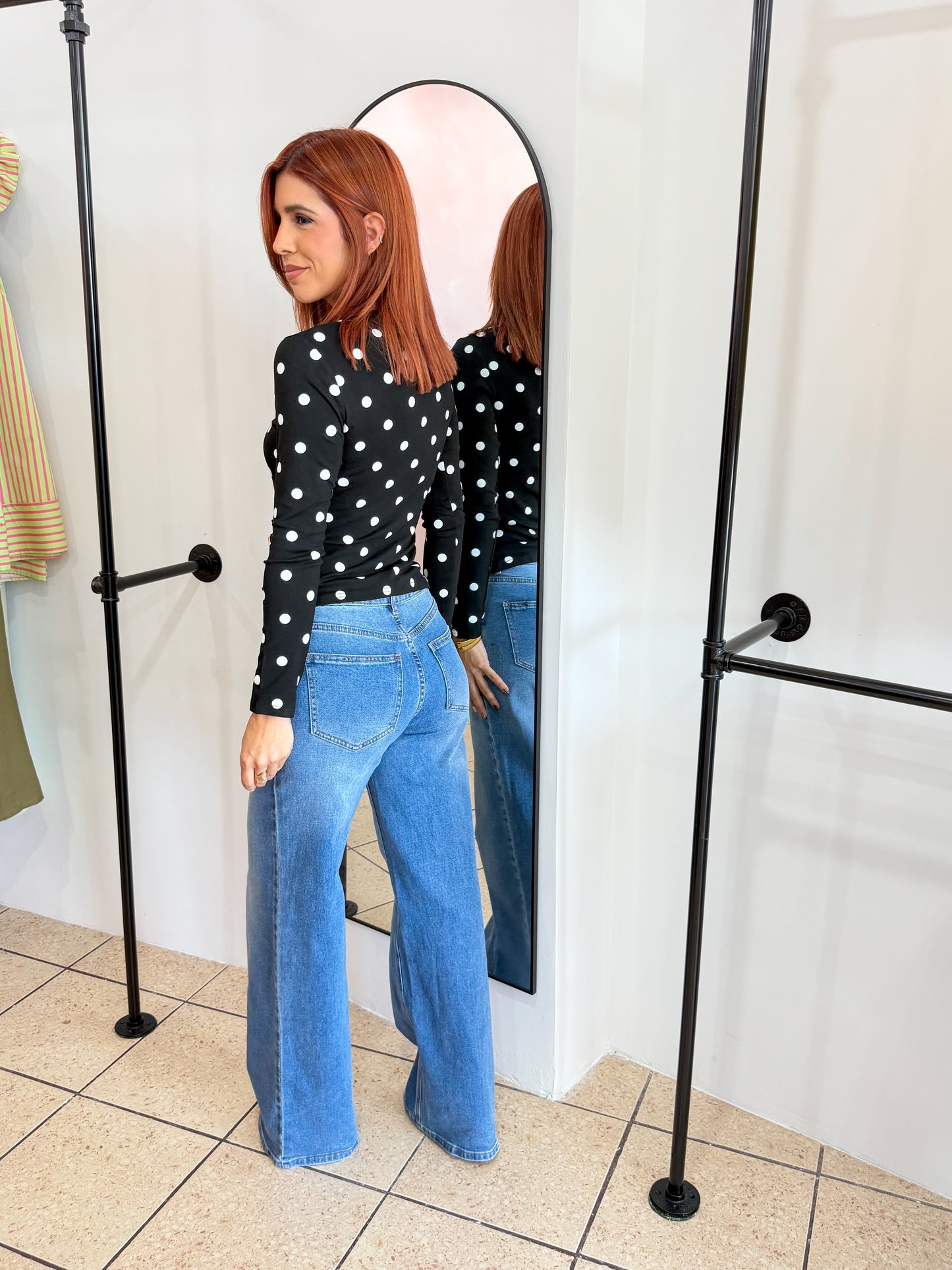 “Camila” Long Sleeve Black Polka Dots Top
