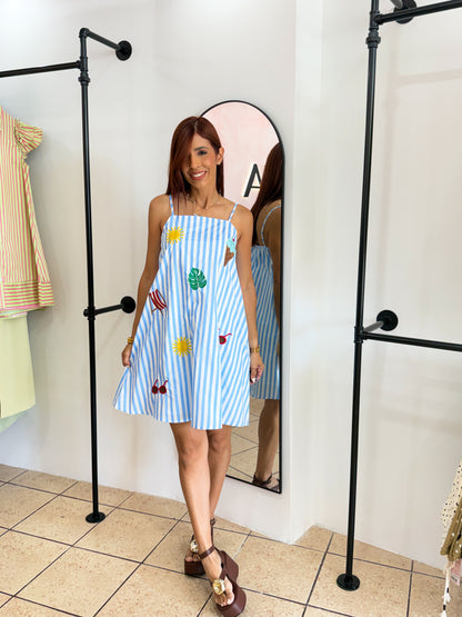 “Alice” Blue Stripe Tropical Dress