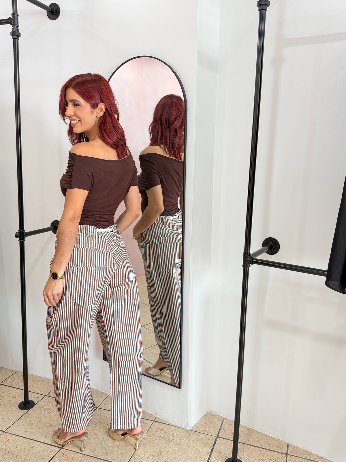“Melody” Neutral Stripes Barrel Jean