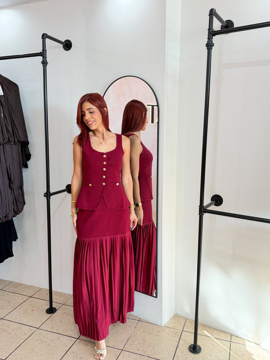 “Melanie” Wine Pleated Skirt Set