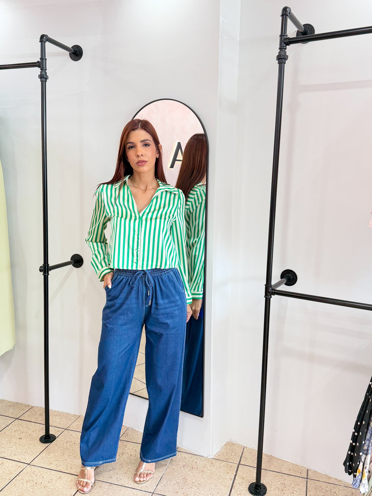 “Karen” Green Stripe Button Down Top