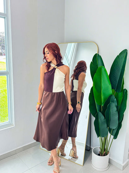 “Ingrid” Brown Midi Satin Skirt