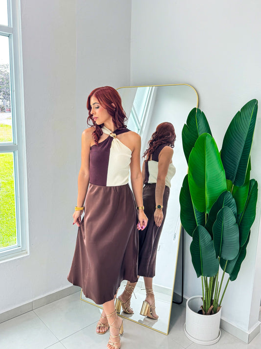 “Ingrid” Brown Midi Satin Skirt