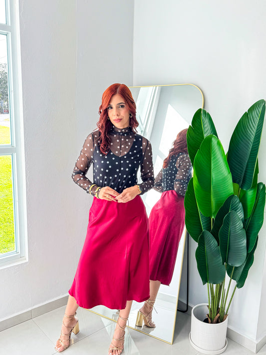 “Ingrid” Wine Midi Satin Skirt