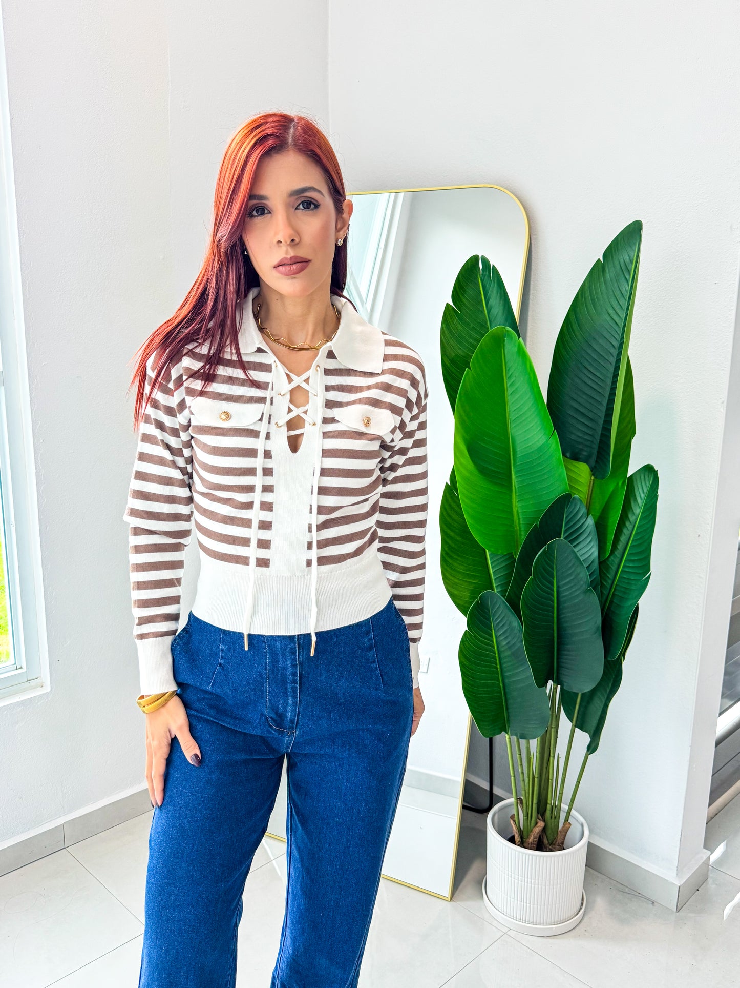 “Maite” Long Sleeve Taupe Stripe Top