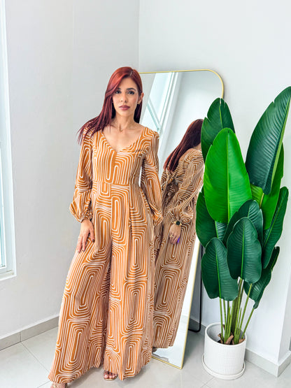 “Alana” Caramel Printed Jumpsuit