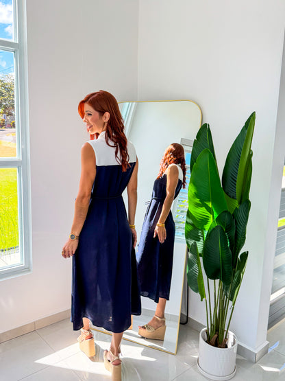 “Selena” Navy/White Dress